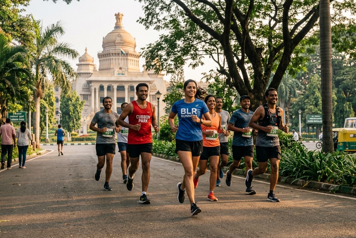 Runners on a Pacr weekend run in Bengaluru, Vidhana Soudha behind them
